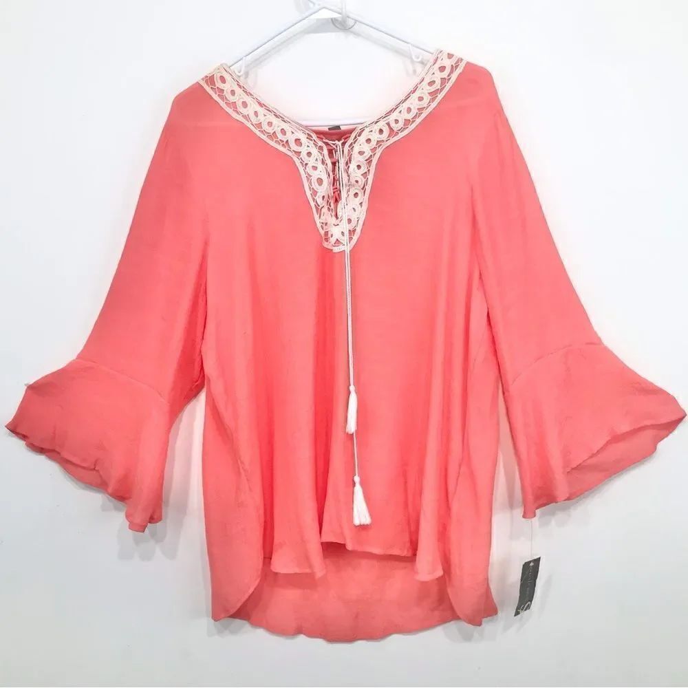 Valerie Stevens Coral Cream Crochet Lace Lightweight Tassel Tie Peasant Blouse